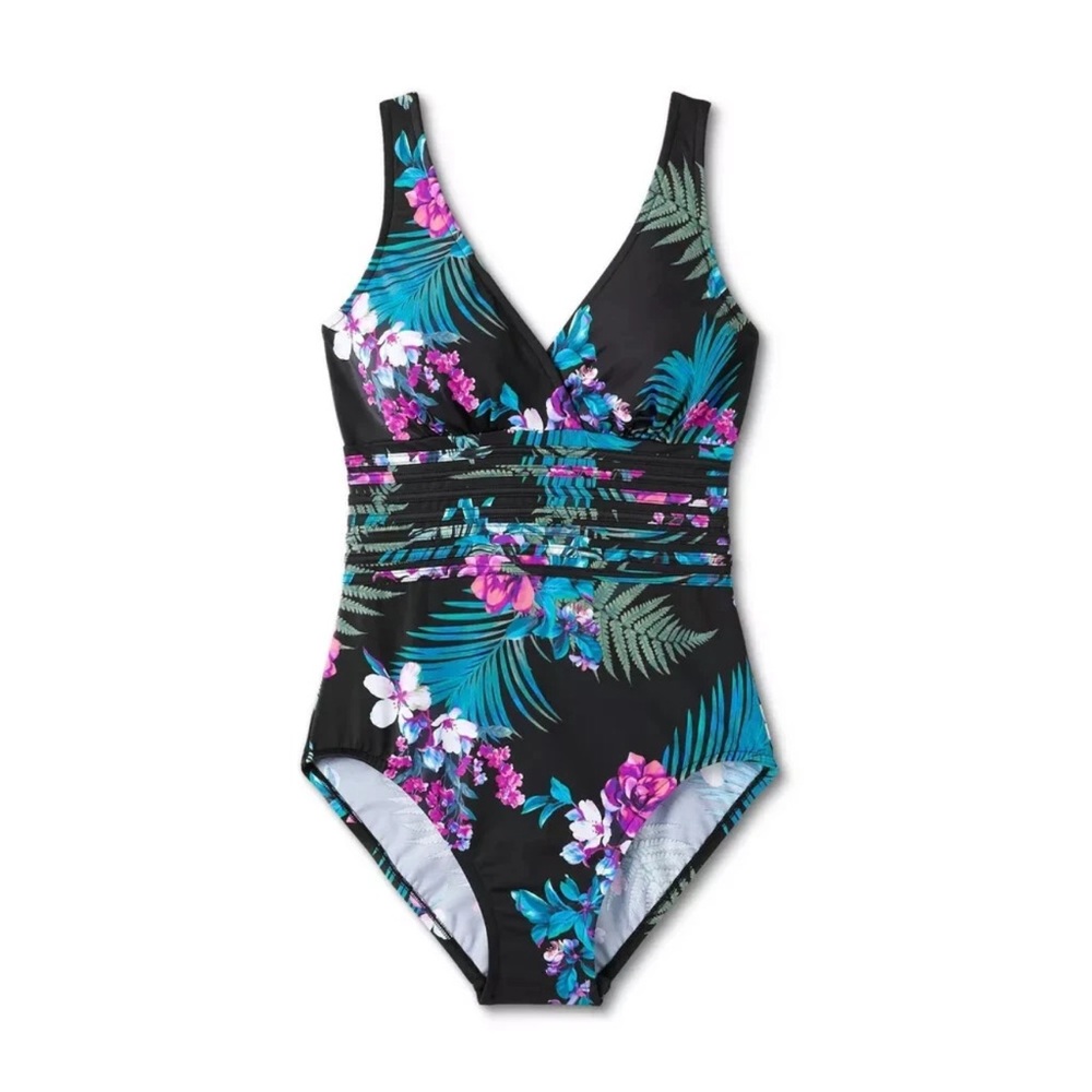 AQUA GREEN size LARGE Slimming Waist Detail One Piece Swimsuit Black Floral NEW